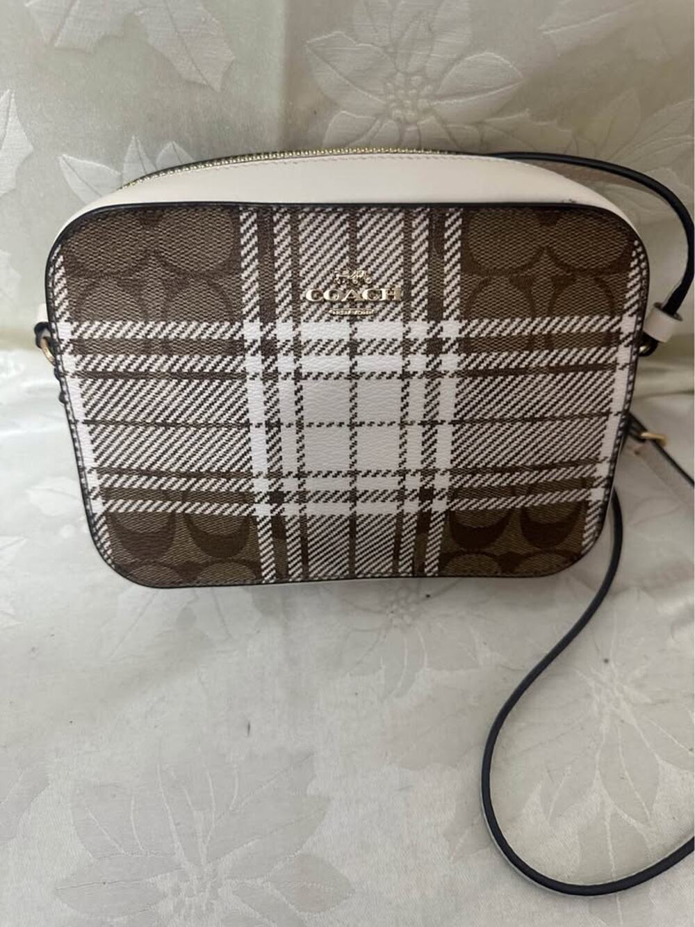 New Coach Plaid Signature C Brown White Crossbody Bag. B-307